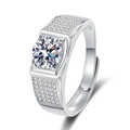 Luxury sparkling men's ring with large round solitaire and pave diamonds on band - Adjustable Open / White Gold Color-White Zirconia