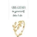 Golden crossover leaf ring with clear zircons and motivational message card - Adjustable Open / Gold with Greeting Card