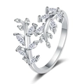 Minimalist silver branch ring with sparkling marquise crystal leaves in an open design - Adjustable Open / White Zircon