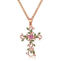 Rose gold cross necklace with vine leaves, pink gemstone and green enamel detail - Necklace / Rose Gold