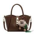 Brown litchi grain vintage crossbody bucket bag with gold buckle and plush charm - With Pendant / Brown