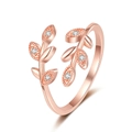 Adjustable leaf open ring in rose gold finish with delicate diamond-encrusted leaf accents - Adjustable Open / Rose Gold