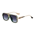 Square retro sunglasses with green frame and gold metal temples in 45-degree view - Green Tortoise Gold Frame Gradient Gray Lens