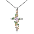 Cross necklace with pink zircon centerpiece and green leaf vine wrap on silver chain - White Gold