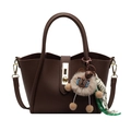 Dark brown leather bucket bag with gold clasp and cute plush bear charm decoration - With Pendant / Coffee