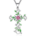 Collana a croce in argento con zircone rosa e foglie verdi su sfondo bianco - Oro Bianco