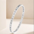 Polished silver stainless steel bangle featuring Roman numeral engravings and clear crystals - Steel Color Roman Numerals with Zirconia (16-E-1)
