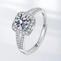 Elegant adjustable silver ring featuring a round moissanite with square halo and split band - Adjustable Open / Silver Ring With White Zirconia