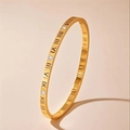 Polished rose gold titanium bangle featuring roman numerals and inlaid clear zircons - Gold Roman Numeral Zircon (16-E-2)