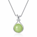 Elegant silver lucky bag necklace with round green gemstone and zircon accents on white base - White Gold