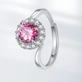 Elegant silver open ring with pink round cut stone and sparkling zircon halo - Adjustable Open / Pink