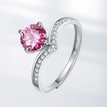 Adjustable V-shaped silver ring with pink moissanite stone and pave accents - Adjustable Open / Pink