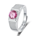 Luxury men's silver ring with a large pink zircon center and pavé-set side stones - Adjustable Open / Platinum Gold - Pink Zirconia