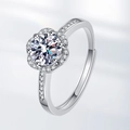 Floral moissanite ring in silver with adjustable band and sparkling accent diamonds - White Zirconia Style