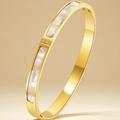 Elegant gold-plated stainless steel cuff with white mother-of-pearl and crystal accents - Gold Shell Diamond-Encrusted