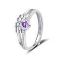 Rotating heart anxiety ring with purple zircon and silver double lines for women - Adjustable Open / Purple Zirconia