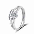 Rotating heart diamond ring with double layer silver band and sparkling crystals - Adjustable Open / White Zirconia