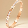 Rose gold brushed titanium steel bangle with white mother-of-pearl and cubic zirconia - Rose Gold Shell Diamond-Encrusted