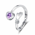Umarmende Hände S925 Silberring mit lila Herz-Zirkon und I love you forever Gravur - Herz Lila Zirkonia Umarmungsring (JZ0069)