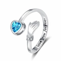 S925 Silber Händedruck Ring mit blauem Herzstein und I love you forever Gravur - Herz Blau Zirkonia Umarmungsring (JZ0069)