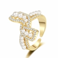 Elegant gold bow ring with pearls and pavé cubic zirconia on cross band design - Adjustable Open / Gold