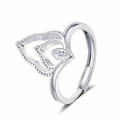 Retro flame silver ring with marquise-cut crystal and hollow wing design in a 45-degree view - Adjustable Open / White Gold