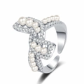 Silver bow ring with pearls and pavé zircons in an adjustable open-end design - Adjustable Open / White Gold