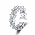 Elegant adjustable silver leaf ring with sparkling pave cubic zirconia crystals - Adjustable Open / Leaf Style (KL-09558) / White Gold