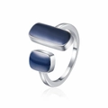 Minimalist silver open ring with navy blue enamel rectangular double geometric designs - Adjustable Open / White Gold
