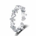 Silver open ring featuring heart and zircon-studded cross elements on white background - Adjustable Open / White Gold