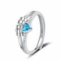 Silver fidget ring with blue heart crystal and sliding beads for stress relief - Adjustable Open / Blue Zirconia