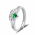 Silver rotating heart ring with green gemstone and sparkling diamond accents - Adjustable Open / Green Zirconia