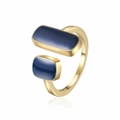 Golden open ring with dark blue enamel inlays in a minimalist C-shaped modern design - Adjustable Open / Gold