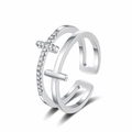 Anello a doppio strato con croce per donna con zirconi cubici e design aperto regolabile - Aperto Regolabile / Oro Bianco