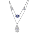 Detailansicht der silbernen Doppelhalskette mit Hamsa-Hand und Nazar-Auge Anhängern - Hohle Hamsa-Hand Blaues Juwel Stil (KL-124(XL0062))