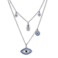 Detailansicht der silbernen Doppelhalskette mit Hamsa-Hand und Evil-Eye-Anhängern - Rund und Augenform Amulett Stil (KL-123(XL0062))