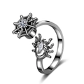 Spider web spinner ring for anxiety relief with zircon stones in vintage silver finish - Adjustable Open / Black & Gold