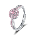 Makro-Detail des silbernen Halo-Rings mit rosa Rundstein und verstellbarer Ringschiene - Einstellbar Offen / Rosa Zirkonia / Silber