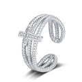 Vintage multi-layer silver ring with cross pendant and shimmering cubic zirconia stones - Adjustable Open / White Gold
