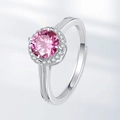 Pink moissanite ring with halo setting and adjustable silver band featuring bead textures - Adjustable Open / Pink Zirconia