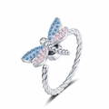 Verstellbarer Libellenring aus Silber mit blau-rosa Zirkonia und gedrehter Ringschiene - Einstellbar Offen / Silber