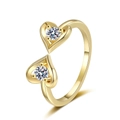 Bague double cœur dorée ajustable avec des pierres de zircone cubique rondes - Ouvert Réglable / Or
