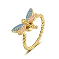 Drehbarer Libellenring mit rosa und blauen Zirkonia auf goldenem Kordelband - Einstellbar Offen / Gold