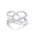 Double layer open star and pearl ring in silver finish with pavé set zirconia crystals - Crossed