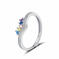Silver wavy ring featuring colorful gemstones and zircon accents on white background - Adjustable Open / Five Stones