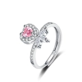 Macro detail of silver adjustable ring featuring a pink heart stone and zircon accents - Adjustable Open / Flower Ring