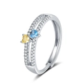 Anello a doppio strato in argento con pietre a cuore gialle e blu e micro zirconi - Aperto Regolabile / Oro Bianco