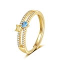 Anello doppio strato placcato oro con cuori giallo e blu e pavé di zirconi - Aperto Regolabile / Oro