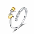 Silver adjustable ring with golden heart charms and sparkling cubic zirconia stones - Adjustable Open / Two-tone Plating (Silver+Gold)