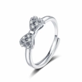 Silver bow ring with micro-pave zircons and milgrain adjustable open band for women - Adjustable Open / White Gold